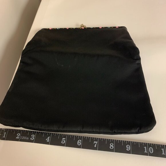 Evening Bag Black Fabric Vintage Floral Painted Trim Formal Party - Picture 7 of 9